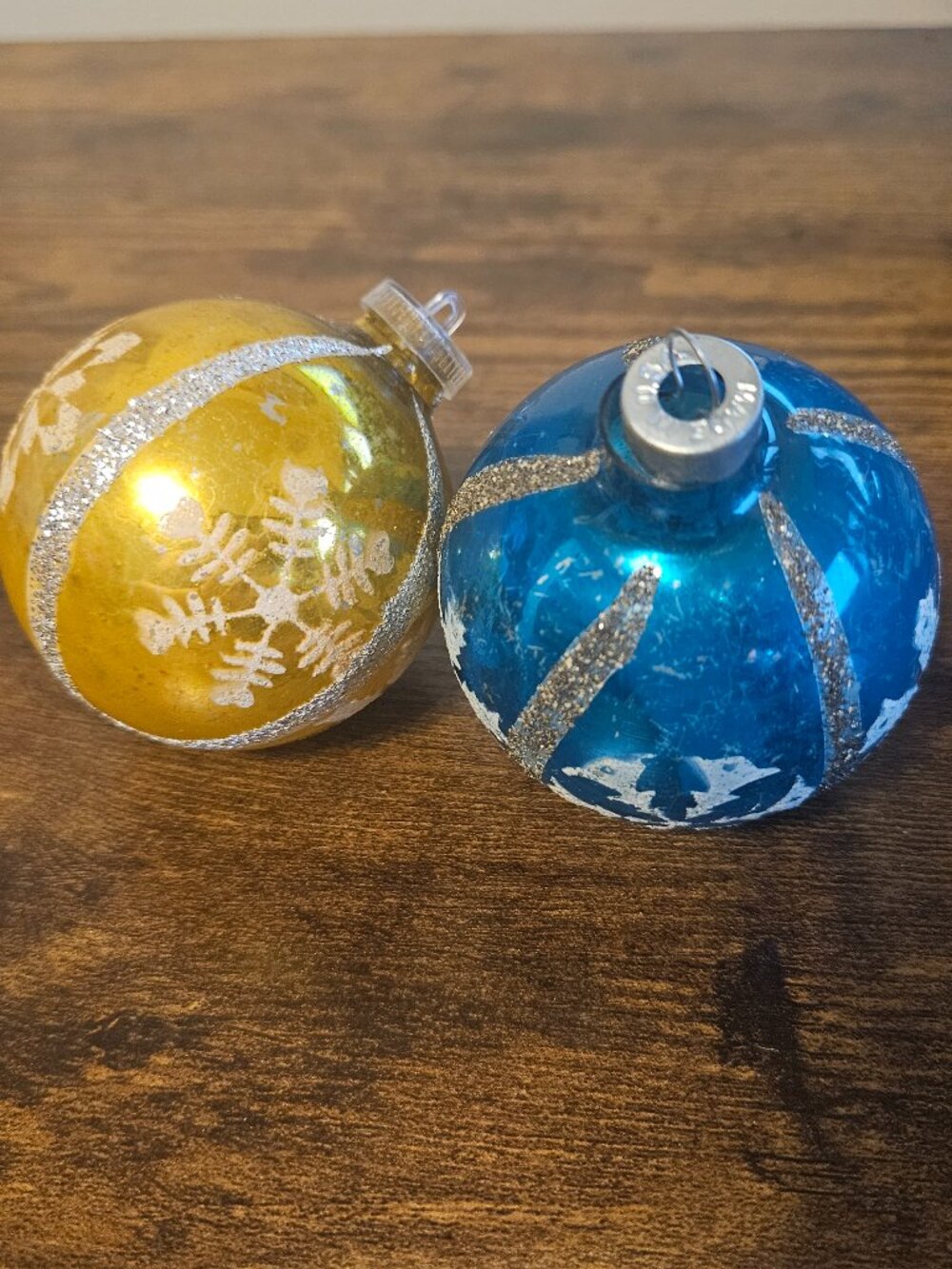 2 Vintage Mercury Glass Stenciled Mica Christmas Ornaments West Germany